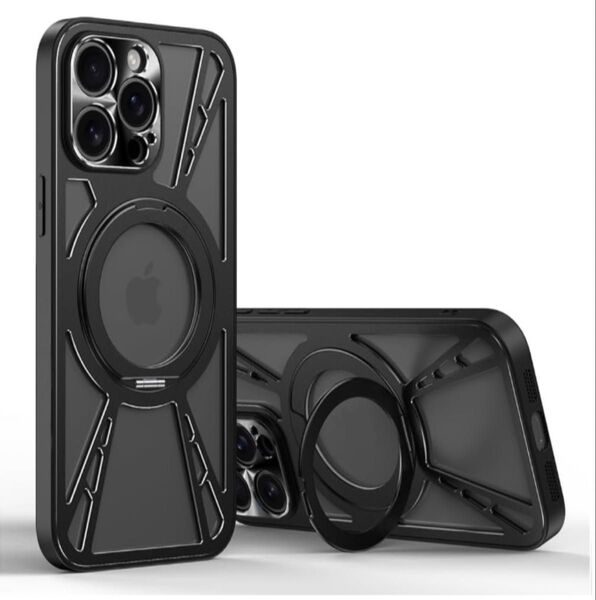 iPhone13Pro Max アルミ合金複合素材ケース 冷却 放熱 360度回転リングスタンド MIL規格 耐衝撃 ブラック