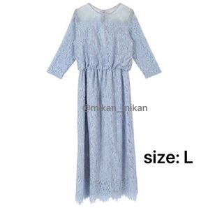 titivate レース ロング ワンピース L ライトブルー 七分袖 ドット チュール & 花柄レース ティティベイト