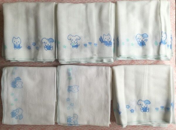 【未使用4枚・USED2枚・送料込み】かわいい動物柄 青系多色使い ドビー織り輪型 布おむつ 青森ひば油使用 約68cm 合計6枚