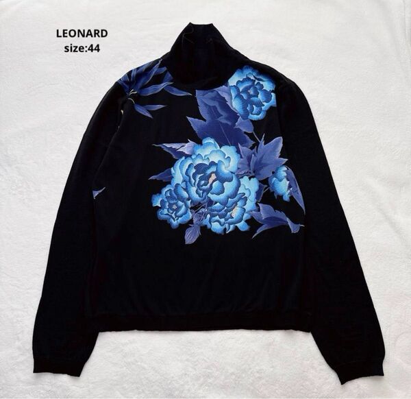 LEONARD レオナール 花柄 シルク ウール ハイネック ニット セーター ブラック
