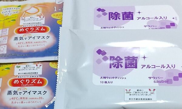 除菌アルコール入り 大判ウェットティッシュ10枚入り2セット めぐリズム蒸気でホットアイマスクつき