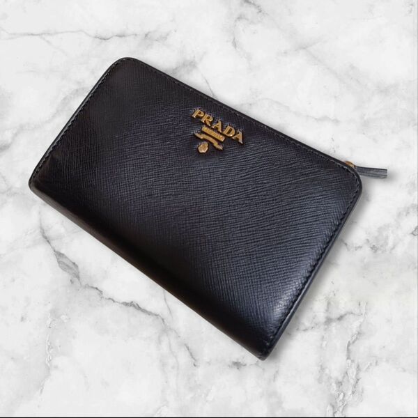 美品 PRADA プラダ 二つ折り財布 サフィアーノ バイカラー ブラック