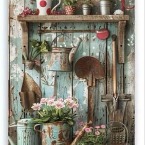 ガーデンツールと花のウェルカムボード ブリキ看板