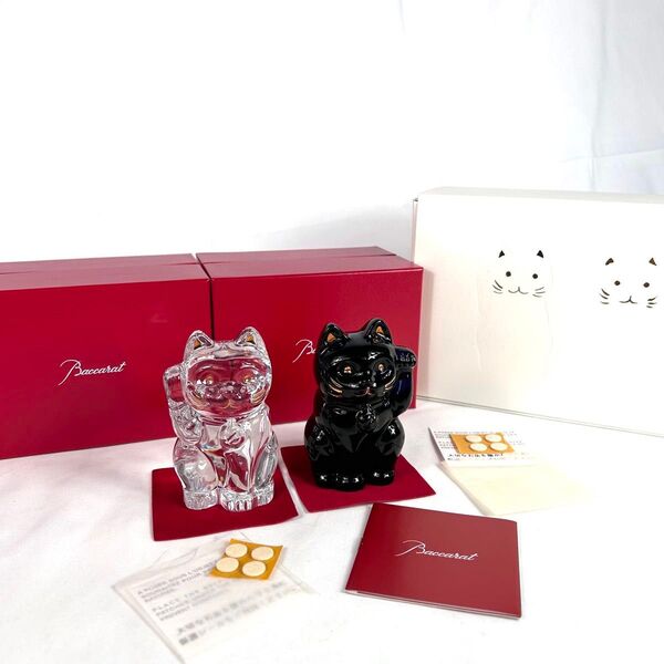 【箱付き】Baccarat バカラ 招き猫 クリア ブルー ペア Sサイズ 置物 ラッキーキャット フィギュリン オブジェ 招き猫