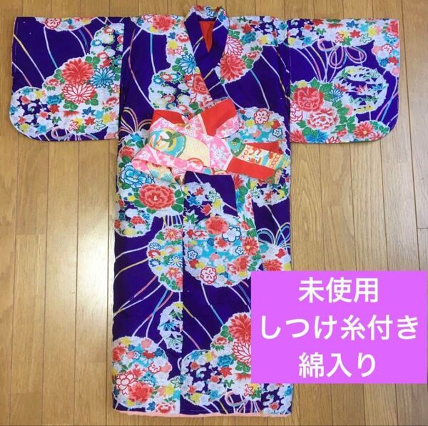 未使用 大正ロマン アンティーク 着物 子供 レトロ キッズ 綿入り着物 生地 女児 女の子 花柄 正絹 古布
