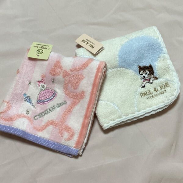 新品 タオルハンカチ 2枚 ポール&ジョーヌネットとドレス刺繍 猫ねこ