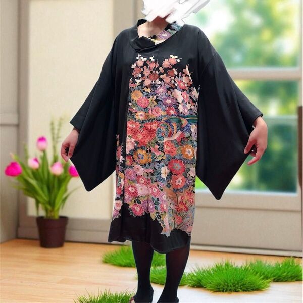 着物リメイク ワンピース 黒留袖 花柄 襟付き ゆったり 大きいサイズ