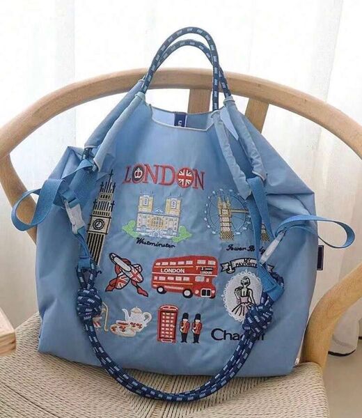 ショルダーベルト付 エコバッグ M 刺繍 人気 可愛い ナイロン ロンドン 街並み 北欧 おしゃれ 大容量 軽量 軽い