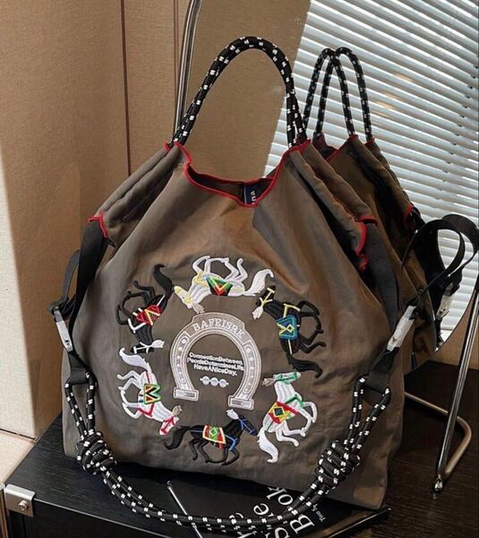 ショルダーベルトつき 2way 刺繍 エコバッグ 大容量 トートバッグ ハンドバッグ ショルダーバッグ 馬 ポニー 可愛い 人気