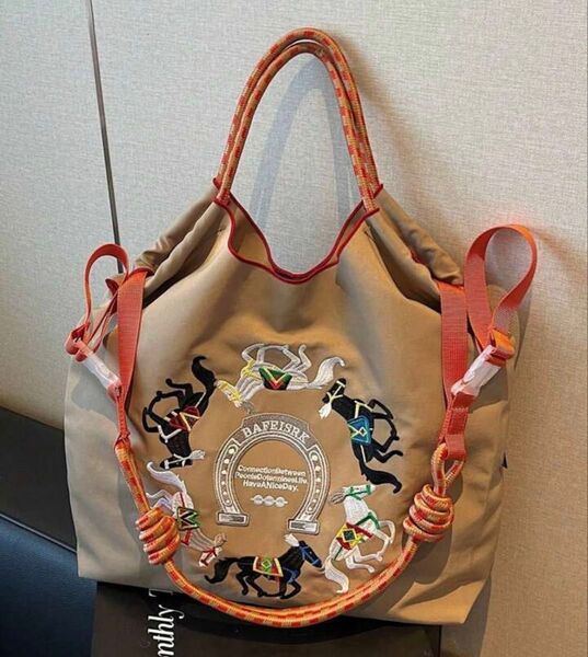 ショルダーベルトつき 2way エコバッグ トートバッグ ハンドバッグ 刺繍 馬 ポニー 夏 軽量 可愛い 人気 おしゃれ 通学