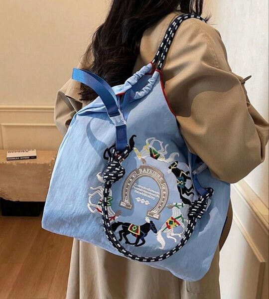 ショルダーベルトつき 2way 刺繍 エコバッグ トートバッグ ショルダーバッグ 大容量 人気 可愛い おしゃれ 通勤 通学