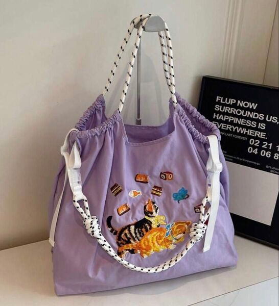 ショルダーベルトつき 2way 刺繍 エコバッグ トートバッグ 鞄 斜めがけ 夏 ナイロン 軽量 猫 おしゃれ 大容量 大きめ