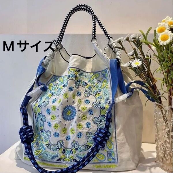 ショルダーベルトつき 2way エコバッグ トートバッグ 刺繍白 花柄 刺繍 ハンドバッグ M 北欧 夏用 可愛い 買い物