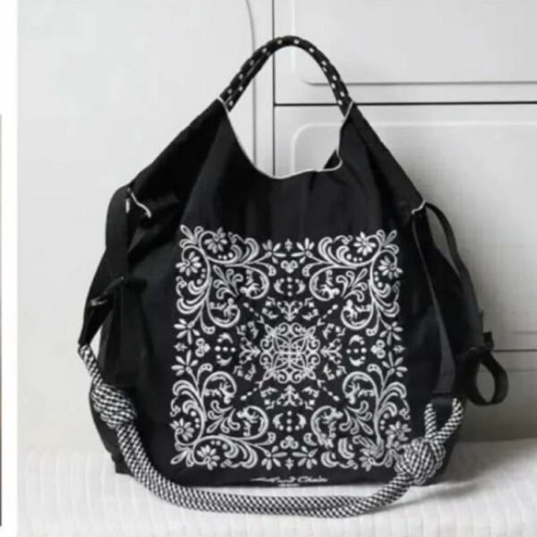 ショルダーベルト付 トートバッグ エコバッグ 黒 刺繍 人気 通学 通勤 おしゃれ 可愛い 大容量 ダマスク柄