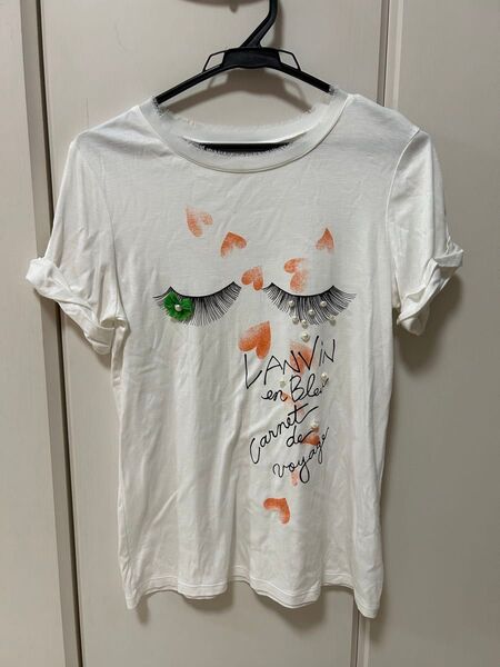 LANVIN ランバン アイシャドウ まつ毛 プリント Tシャツ パール ハート 花 白 半袖Tシャツ