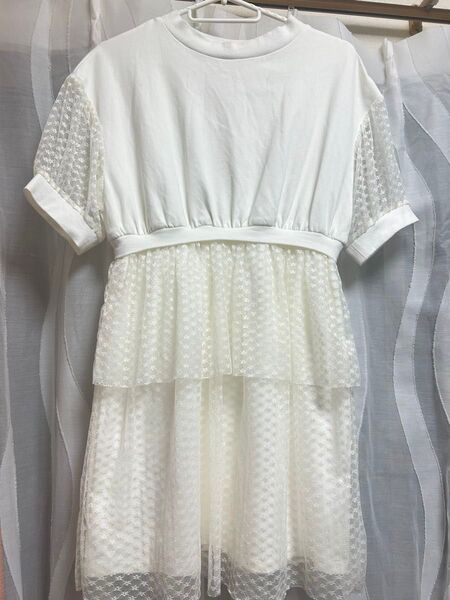 ワンピース BABBLES 白 夏服 ファッション レース ワンピース 半袖 オフホワイト