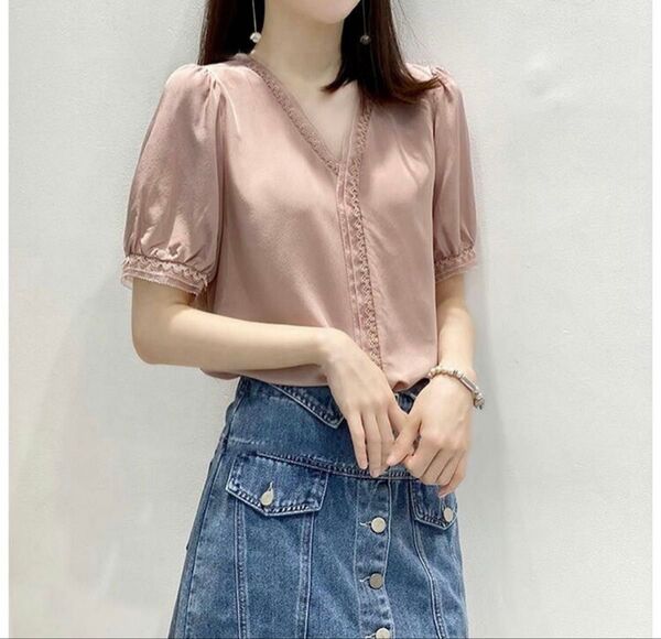 タグ付き ブラウス レディース オシャレブラウス シフォンシャツ 半袖トップス レースvネックパフスリーブブラウス ピンク