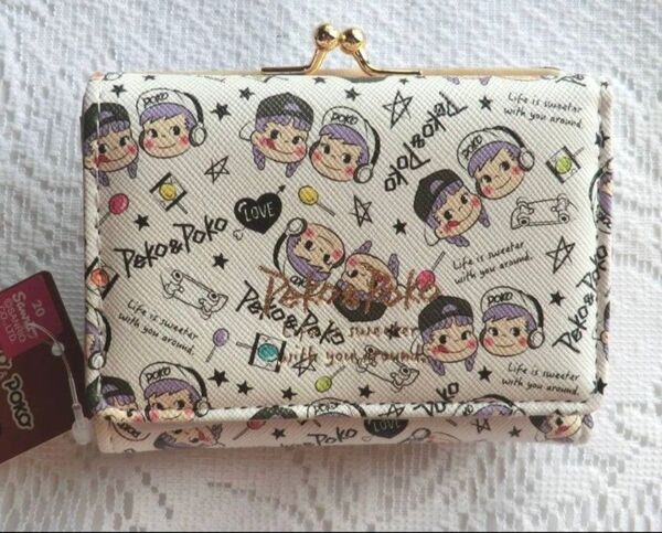 不二家 ペコちゃん ポコちゃん ペコテールペコ 三つ折り がま口 財布 ウォレット コインケース 白系 総柄 新品
