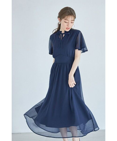 ネイビー りぼん付きプチフリルネック楊柳 シフォンワンピース トッコクローゼット tocco closet