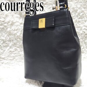 収納袋付き オールレザー リボン 金ロゴ ショルダーバッグ COURREGES 本革 フォーマルバッグ