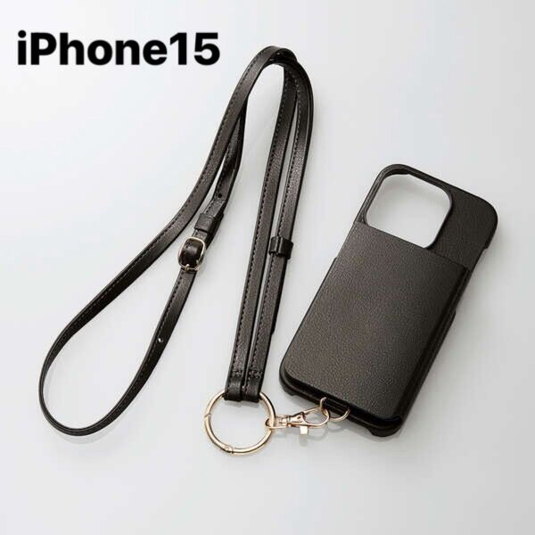 iPhone15 オープンソフトレザーケース ショルダーストラップ付 ケース カバー チャコールブラック