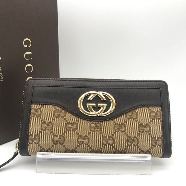 極美品 グッチ財布 グッチ長財布 グッチキャンバス インターロッキングG レザー グッチラウンドファスナー GUCCI