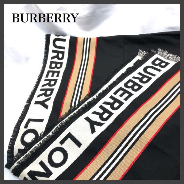 美品 BURBERRY バーバリー アイコンストライプ &ロゴ フリンジ スカーフ マフラー ストール