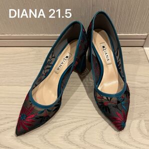 美品 DIANA フラワー刺繍 パンプス チャンキーヒール ダイアナ