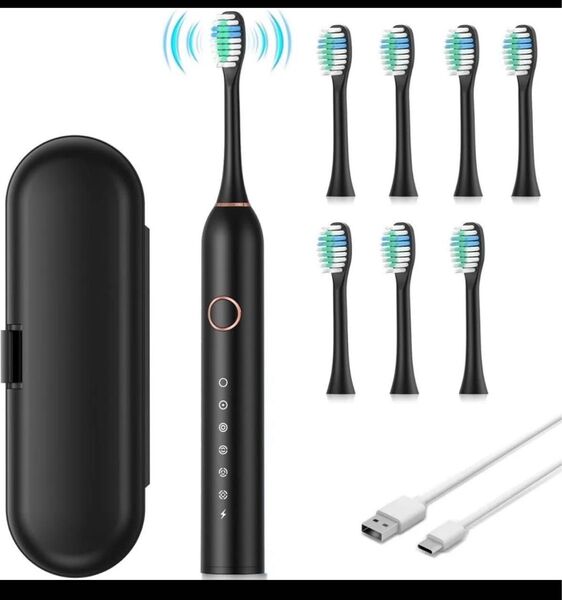 電動歯ブラシ 音波式 電動ハブラシ横振り IPX7防水 6モード音波歯ブラシ 替えブラシ8本付 充電式 収納ケース付き 黒
