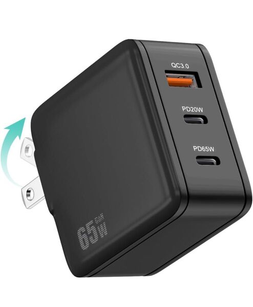 PD USB充電器 65W GaN Type C 急速充電器 高速充電器 PD対応 USB-C×2 & USB A 3ポート 黒