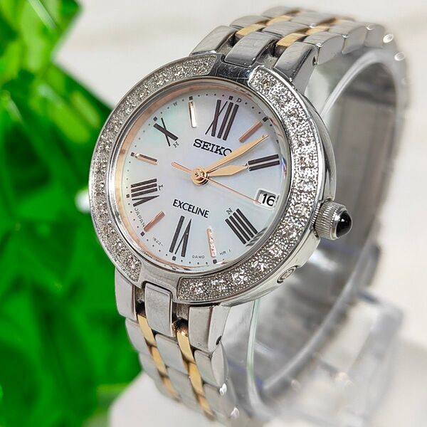 セイコー SEIKO EXCELINE SWCW008 ダイヤベゼル 白蝶貝 エクセリーヌ 稼働 腕時計