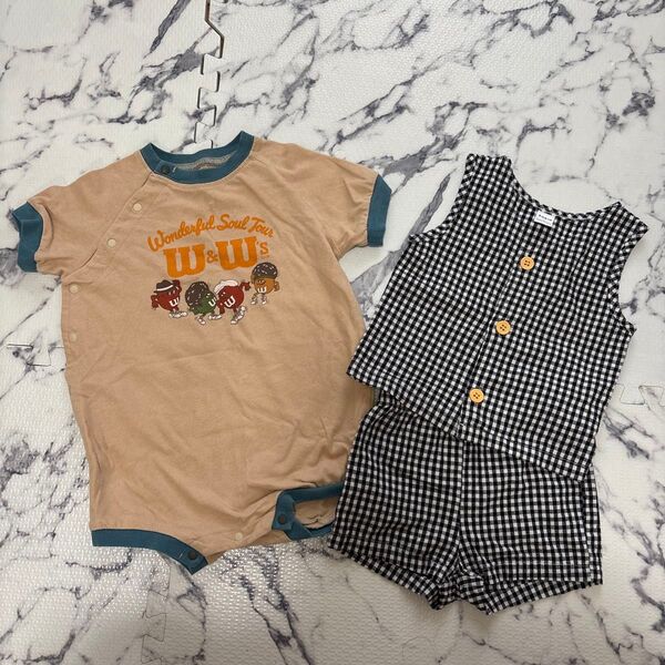 80 ベビー服 2点セット ロンパース ギンガムチェックセトア