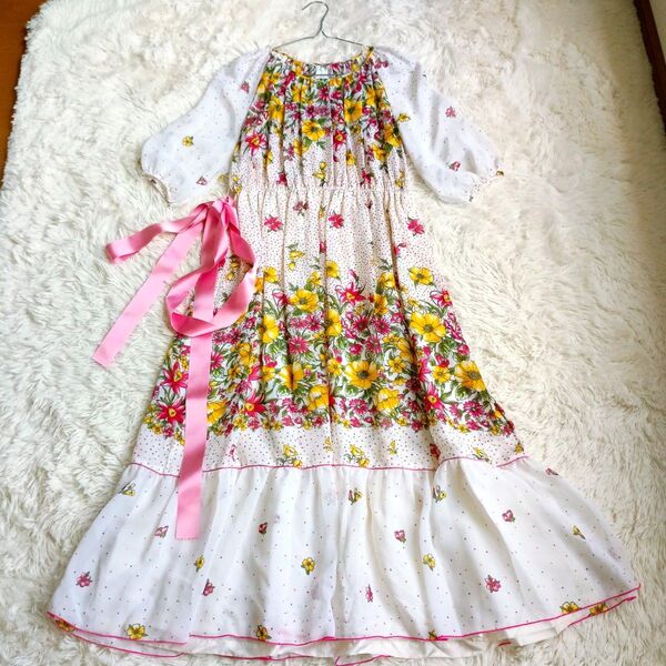 昭和 レトロ 花柄 ドット 総柄 シフォン ワンピース リボン ベルト 付き 9 白 ロング マキシ エモ かわいい
