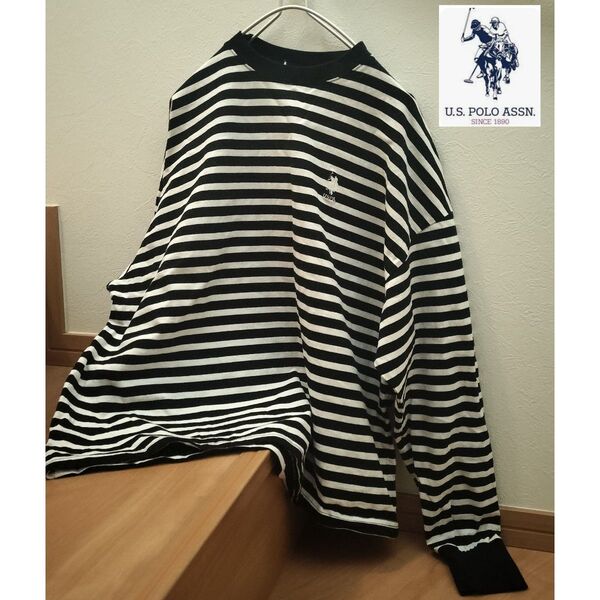 USPAポロ ストライプ 長袖カットソー L ビッグシルエット Tシャツ ルーズフィット リブ クルーネック