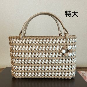白ライン石畳編み 特大 カゴバッグ