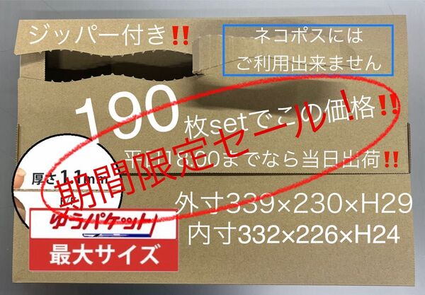 【子供が夏休みに入りましたのでセール】●190枚セット●ジッパー付き段ボール箱 ●ゆうパケット最大●A4スッポリサイズ