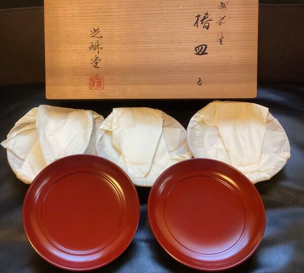 逸品 越前塗 光琳堂 椿皿 銘々皿 5客 漆塗り 深く濃い美しい朱色 古代朱 未使用品