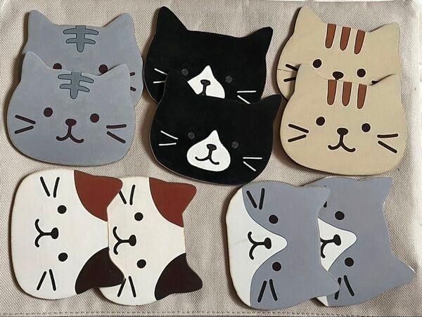 新品 木製プレート 10枚★ネコの顔(5種x2)猫 ねこ ハンドメイド材料 コースターに