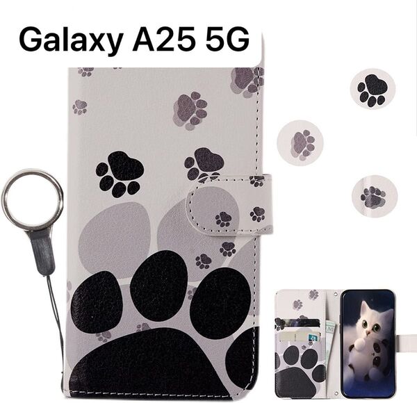 Galaxy A25 5G ケース手帳型 かわいい 猫 ストラップ付き おしゃれ カード収納 スタンド機能