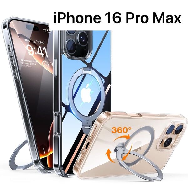 iPhone 16 Pro Max ケース ゼンマイ式スタンド 縦横両対応 リング マグネット搭載 MagSafe対応 クリア