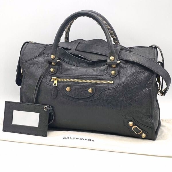 【極美品】 BALENCIAGA バレンシアガ ジャイアントシティ エディターズバッグ ミラー付 ハンドバッグ レザー グレー