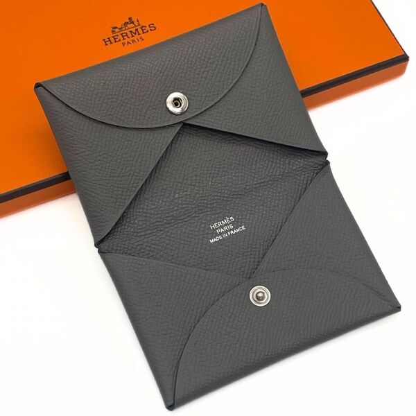【極美品】 HERMES エルメス カルヴィ カードケース レザー ヴォーエプソン レザー エタン グレージュ