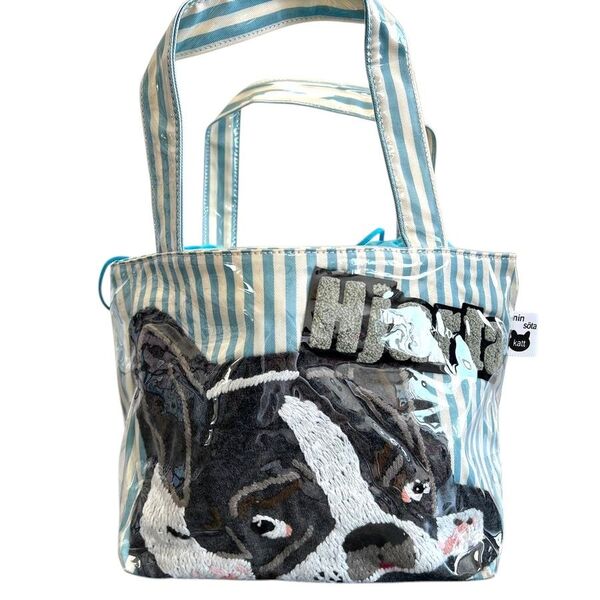 ハンドメイド フレンチブルドッグ犬刺繍 ストライプラミネートコーティングトートバッグ 日本製 新品