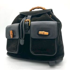 【美品】GUCCI グッチ スエード レザー リュック バンブー ターンロック ブラック ユニセックス 黒