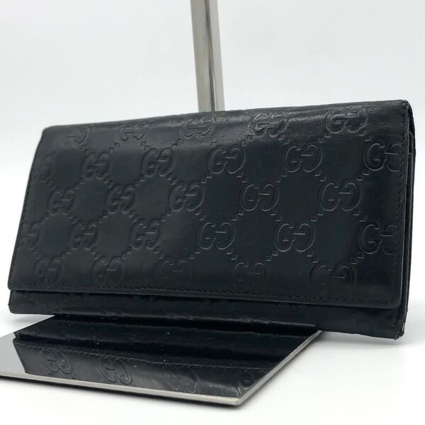 GUCCI グッチ シマ GG 二つ折り財布 フラップ 長財布 ブラック レザー 黒
