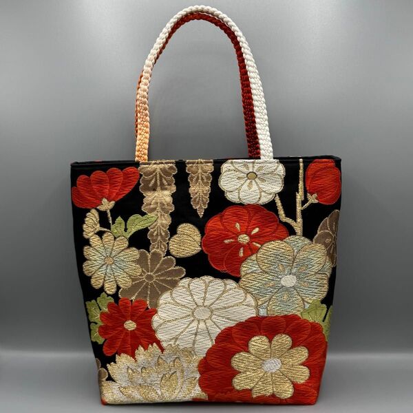 着物 帯 帯締め リメイク トートバッグ ハンドメイド 唐織 蜀江文 黒地 逸品
