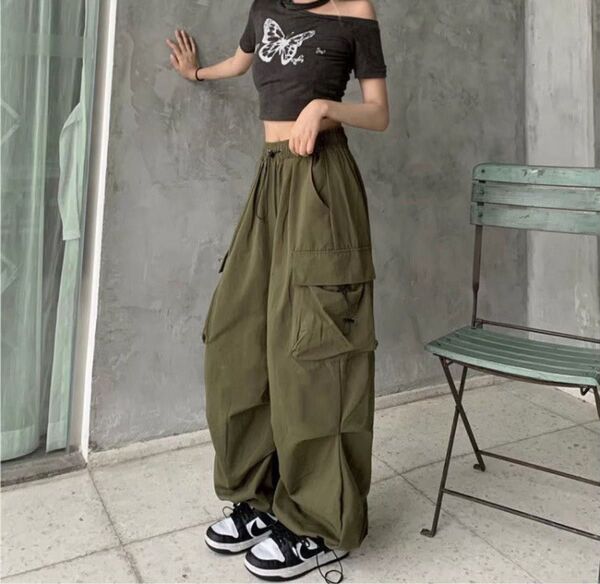 カーゴパンツ L ダンス 韓国 カモパンツ 薄手 ワークパンツ 作業着 カーキ ワイド オシャレ シンプル かっこいい ダンス