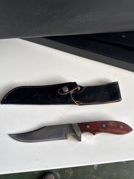 シースナイフ ウッドハンドル 全長20cm 刃渡り10cm レザーケース付 アウトドア キャンプ