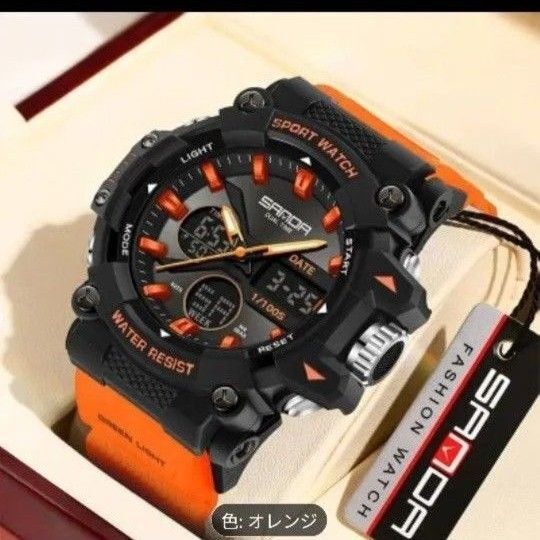スポーツクロノグラフ オレンジ/ブラック メンズ 腕時計G-shock風 デジアナ