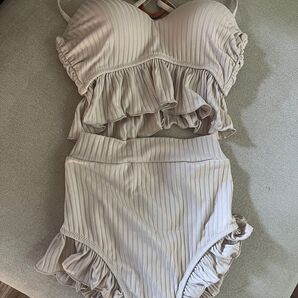 SEA DRESS ワンピース水着 レディース フリル リブ カットアウト ウッドリング ベージュ Mサイズ相当